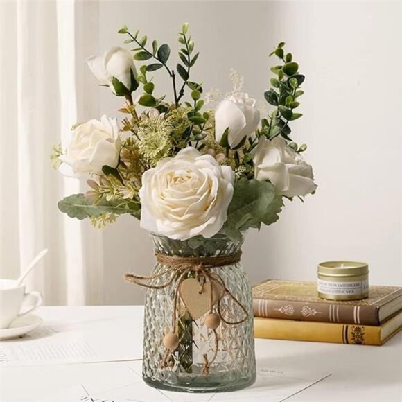 White Silk Roses in Vase Artificial Flowers Table Centerpiece Home Decor - Picture 7 of 7